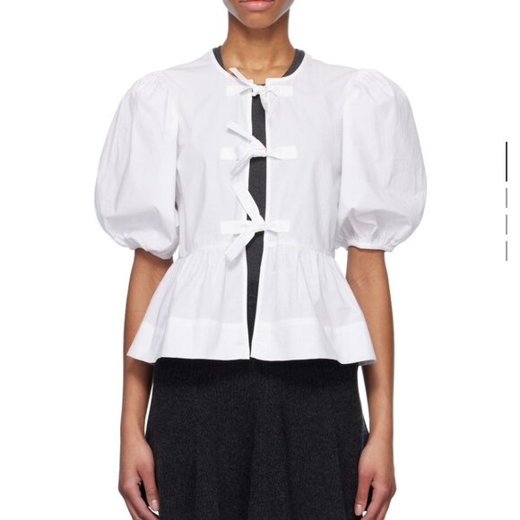 GANNI White Cotton Poplin Peplum Tie Blouse - Picture 4 of 5